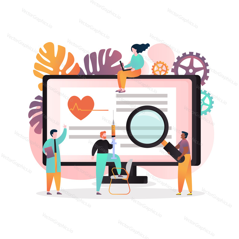 Vector illustration of big computer monitor and people cartoon characters with syringer, magnifying glass, laptop. Telemedicine, online medical consultation concept for web banner, website page etc.