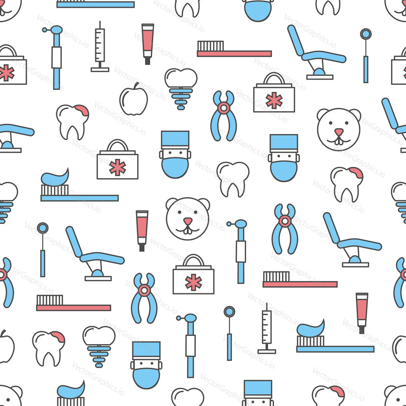 Vector seamless pattern with tooth, implant, toothpaste, toothbrush, dental equipment. Thin line art flat style design dentist background, wallpaper.