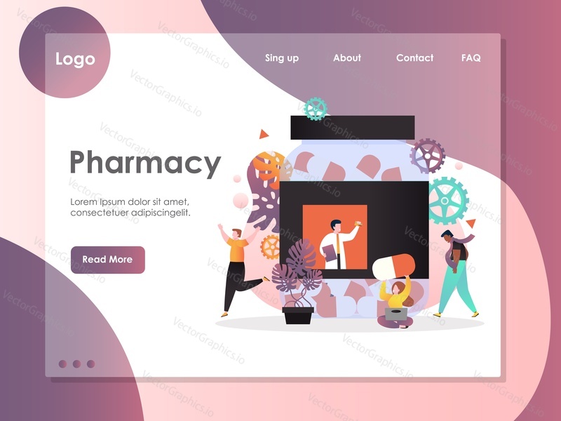 Векторный шаблон веб-сайта аптеки, дизайн веб-страницы и целевой страницы для разработки веб-сайтов и мобильных сайтов. Концепции фармакологической промышленности, здравоохранения и медицины.
