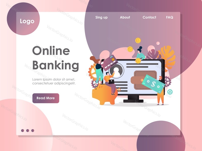 Векторный шаблон веб-сайта онлайн-банкинга, дизайн веб-страницы и целевой страницы для разработки веб-сайтов и мобильных сайтов. Услуги интернет-банкинга.