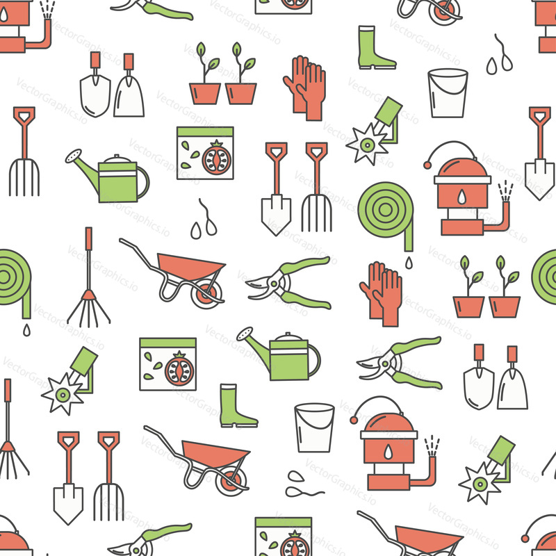 Vector seamless pattern with garden tools, equipment and clothing. Thin line art flat style design gardening background, wallpaper.