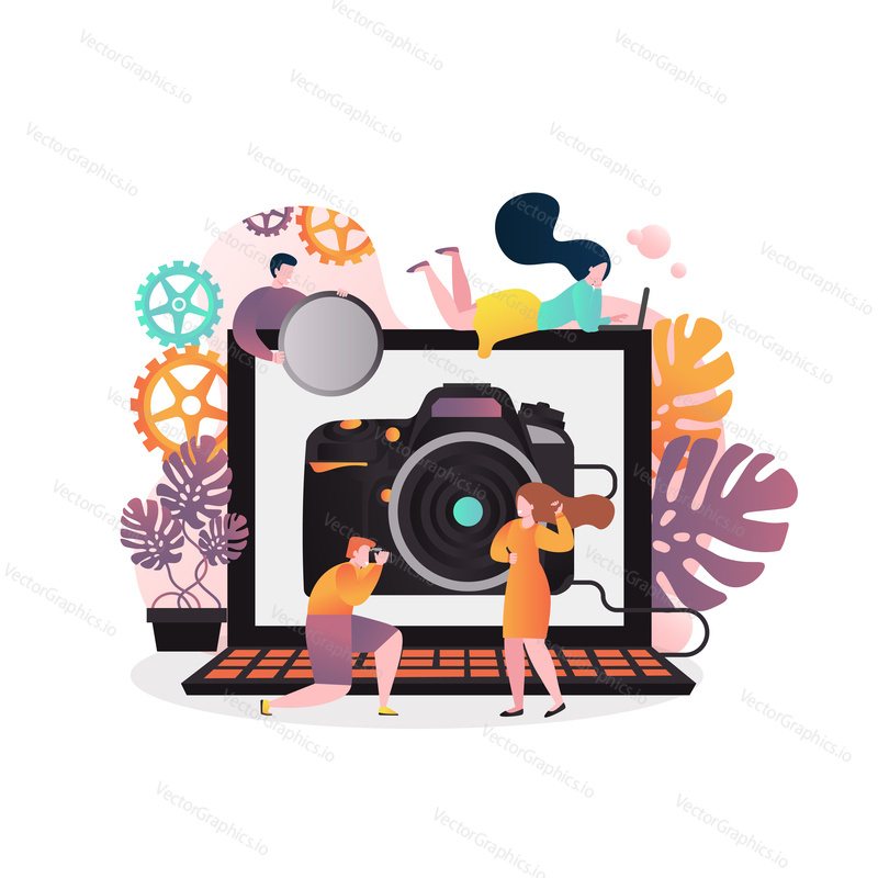 Vector illustration of big laptop with photo camera on screen, man taking photograph of young model etc. Photo studio, professional photographer services concept for web banner, website page etc.