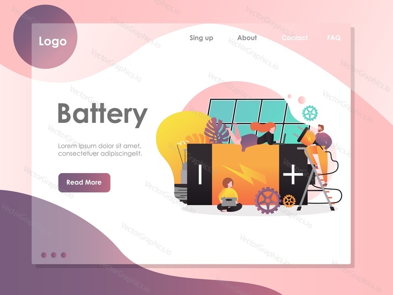 Battery vector website template, web page and landing page design for website and mobile site development. Solar energy battery storage technology concept.