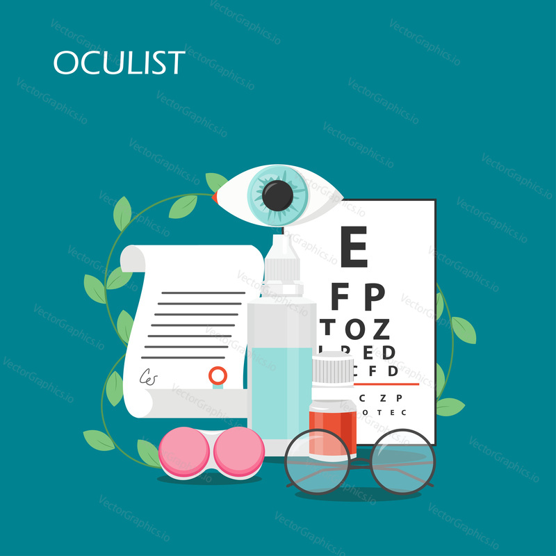 Oculist vector flat illustration. Eye test chart, eye drops, eyeglasses, contact lenses container and solution bottle, prescription. Ophthalmology, optometry, corrective eyewear set for webpage etc.