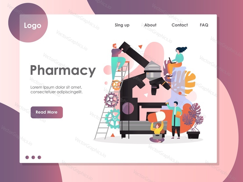 Pharmacy vector website template, web page and landing page design for website and mobile site development. Pharmaceutical laboratory equipment, pharmacological industry concept.