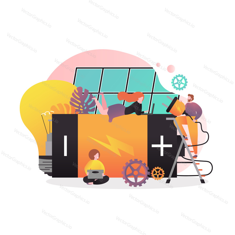 Vector illustration of big battery with plug, solar panel, electric lamp and characters. Solar energy battery storage system concept for web banner, website page etc.