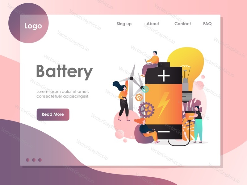 Battery vector website template, web page and landing page design for website and mobile site development. Wind turbine energy battery storage technology concept.