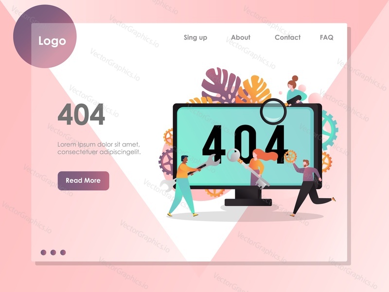 Error 404 not found vector website template, web page and landing page design for website and mobile site development. Server error, page not found concept.