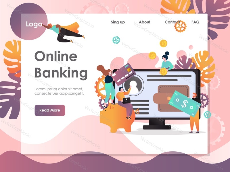 Online banking vector website template, web page and landing page design for website and mobile site development. Internet banking technology.