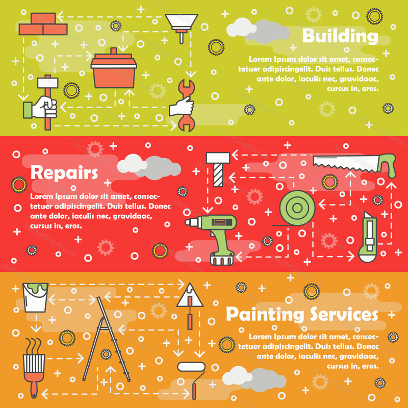 Vector web banner template set. Building, Repairs, Painting services concept thin line art flat style design elements.