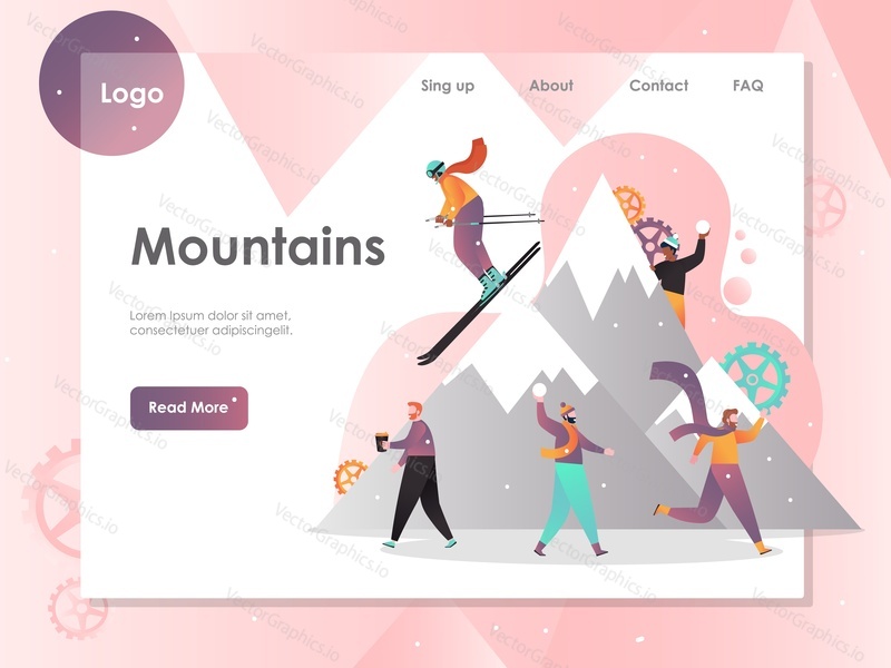 Mountains vector website template, web page and landing page design for website and mobile site development. People cartoon characters skiing and having fun. Winter holidays in mountains concept.