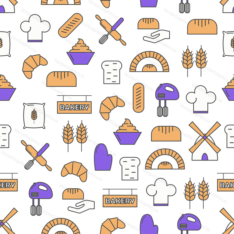 Baking simple mono linear vector icon seamless pattern. Endless background with signs of bread loaf, croissant, mill and other bakery design elements for trendy fabric and packing print