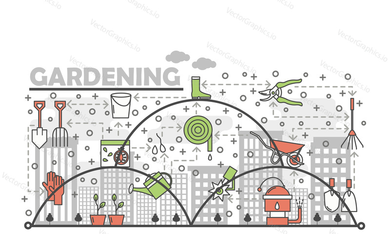 Gardening poster banner template. Garden tools and equipment shovel trowel shears wheelbarrow sprinkler. Vector thin line art flat style design elements, icons for website banners, printed materials.