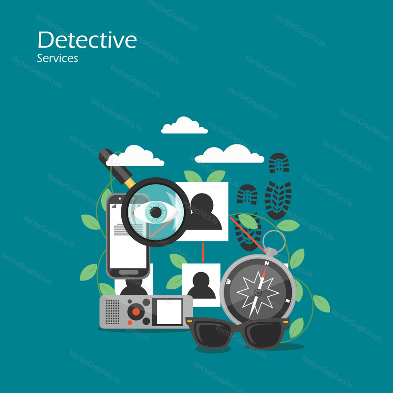 Detective services vector flat style design illustration. Magnifying glass, eye, mobile phone, compass, footprint traces etc. Private investigator equipment, accessories for web banner, website page.