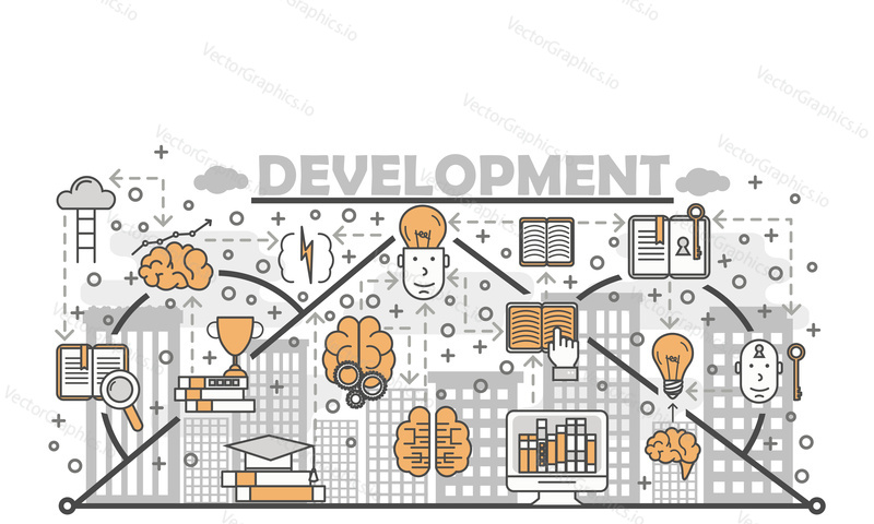 Brain training, brainstorming, innovation, creative thinking poster banner template. Development concept vector thin line art flat style design elements, icons for website banner and printed materials