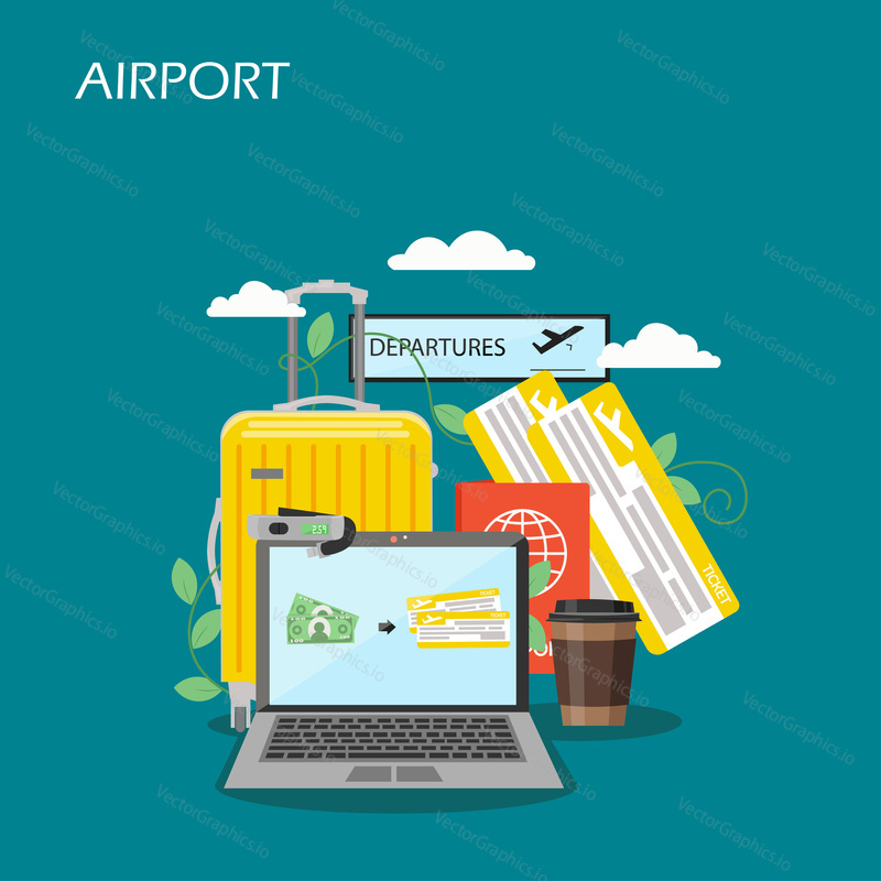Airport vector flat illustration. Laptop, tickets, passport, luggage, disposable coffee cup. Airlines services for traveling passengers, tickets online concepts for web banner, website page etc.