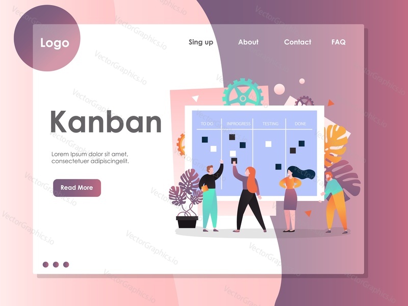 Kanban vector website template, web page and landing page design for website and mobile site development. Agile kanban methodology, collaboration concepts.
