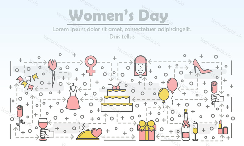 Women day advertising poster banner template. Holiday cake, flowers, gifts, champagne, balloons etc. Vector thin line art flat style design elements, icons for website banners and printed materials.