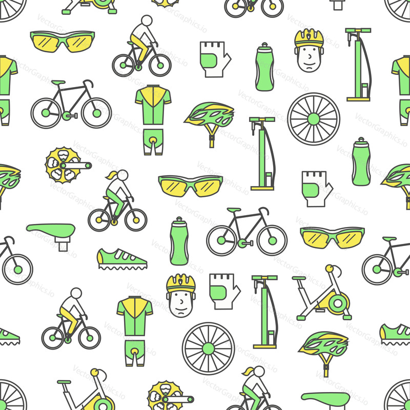 Vector seamless pattern with bike, exercise bicycle, race cycling gear and clothing. Thin line art flat style design bicycle background, wallpaper.