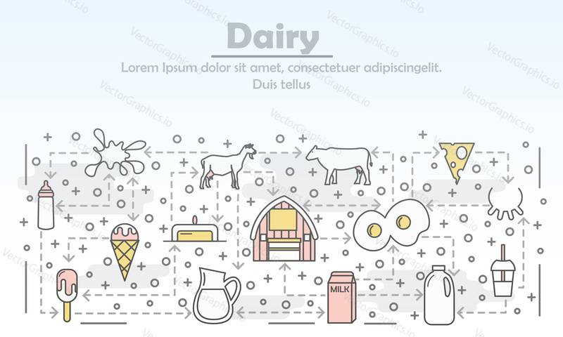 Dairy advertising poster banner template. Dairy farm, cow goat milk cheese icecream other dairy products. Vector thin line art flat style design elements, icons for website banner, printed materials.