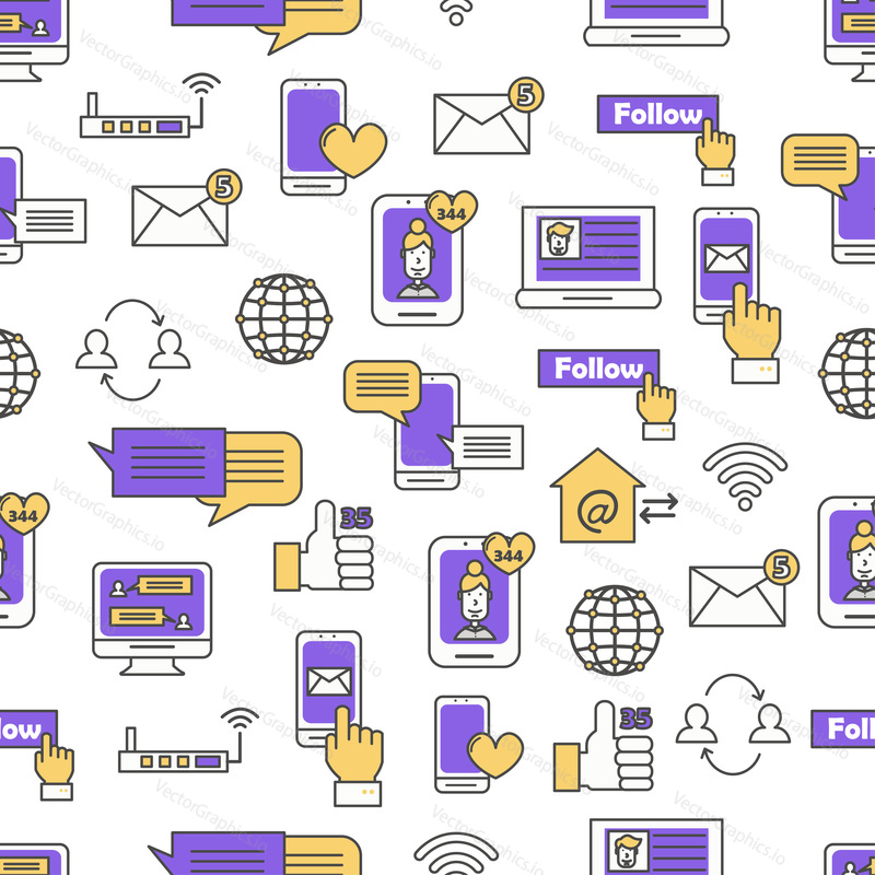 Vector seamless pattern with social media, online chat, email communication symbols. Thin line art flat style design social network background, wallpaper.