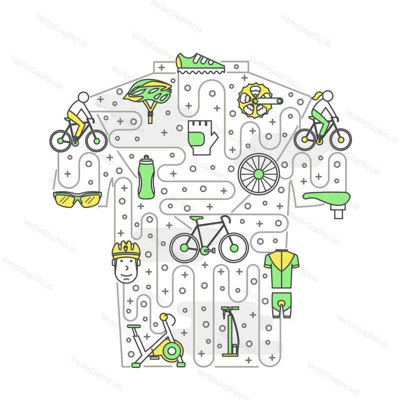 Race cycling jersey shape vector poster banner template. Bicycle, cycling gear and clothing thin line art flat style design elements, icons for website banner and printed materials.