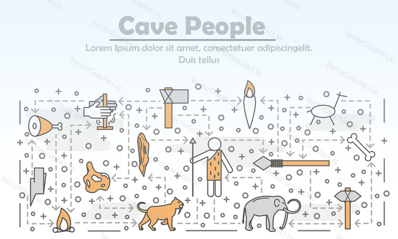 Primitive prehistoric cave people advertising poster banner template. Caveman, stone tools, mammoth, torch etc. Vector thin line art flat style design elements for website banner and printed materials