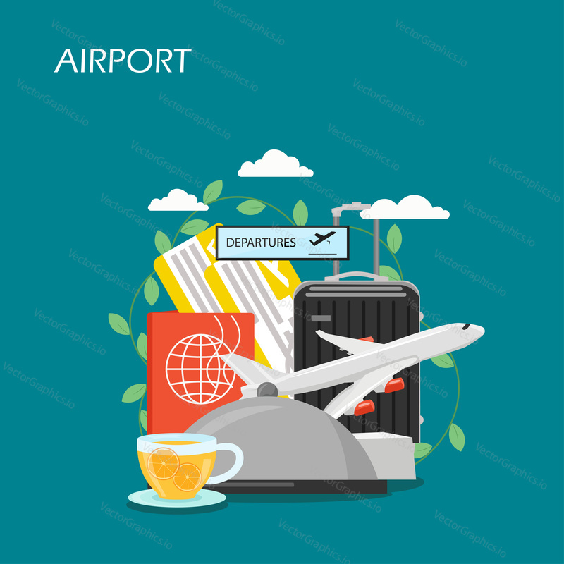 Airport vector flat illustration. Plane, tickets, passport, luggage, cup of tea, food tray with dome lid. Airport services and facilities concept for web banner, website page etc.