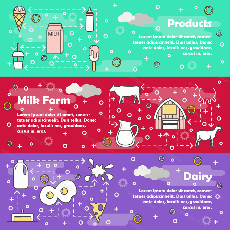 Dairy vector web banner template set. Products, Milk farm and Dairy concept thin line art flat style design elements.