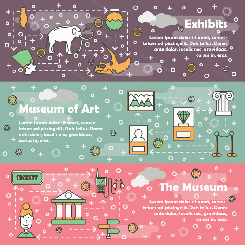 Vector web banner template set. Exhibits, Museum of Arts, The museum concept thin line art flat style design elements.