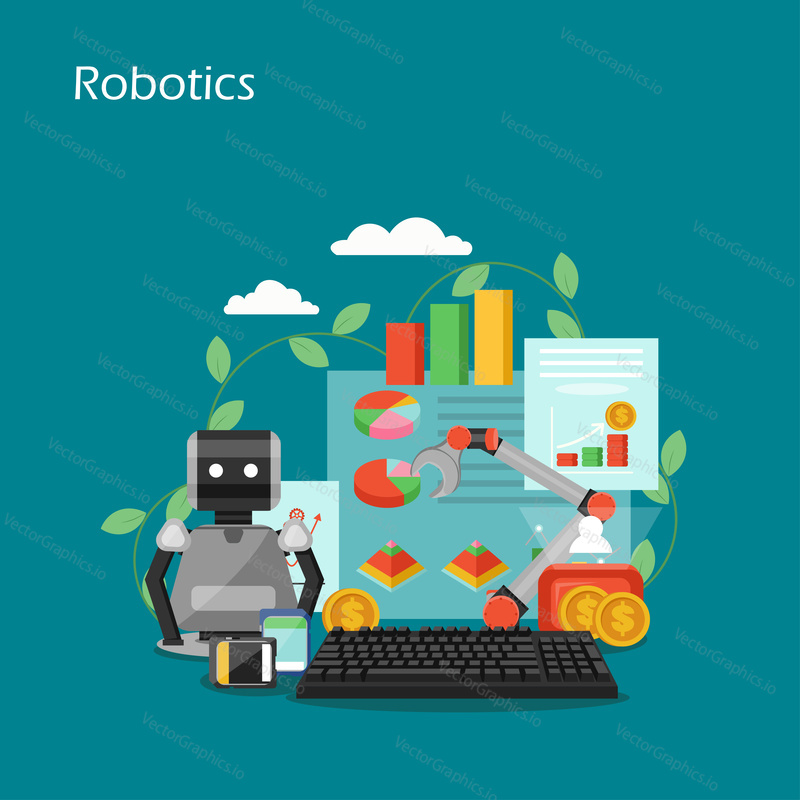 Robotics vector flat illustration. Robot, industrial robotic arm, charts, graphs dashboard, keyboard, dollar coins, flash drives. Business process automation concept for web banner, website page etc.