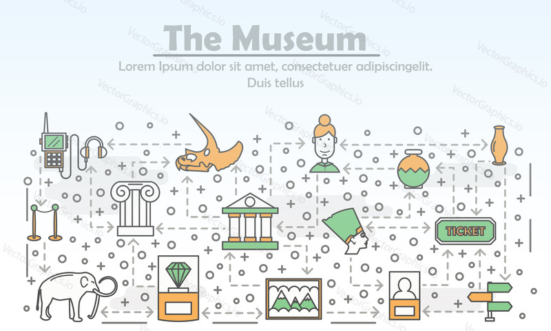 Museum advertising poster banner template. Ancient Egypt artifacts, art museum exhibits etc. Vector thin line art flat style design elements, icons for website banners and printed materials.