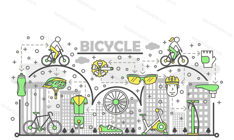 Bicycle poster banner template. Bike, exercise bicycle, race cycling gear and clothing. Vector thin line art flat style design elements, icons for website banner and printed materials