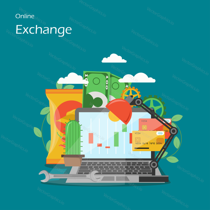 Online exchange vector flat illustration. Laptop with candlestick charts on screen, money, credit cards, desk lamp, wrench, cogwheels. Stock market investment trading set for web banner website page.