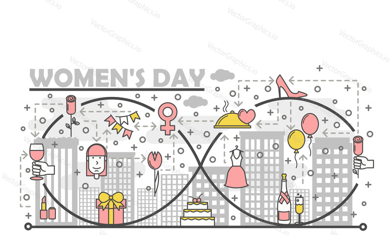 Women day poster banner template. Holiday cake, flowers, gifts, champagne, balloons, dress, shoe etc. Vector thin line art flat style design elements, icons for website banners and printed materials.