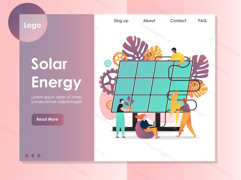Solar energy vector website template, web page and landing page design for website and mobile site development. Alternative green energy consumption.