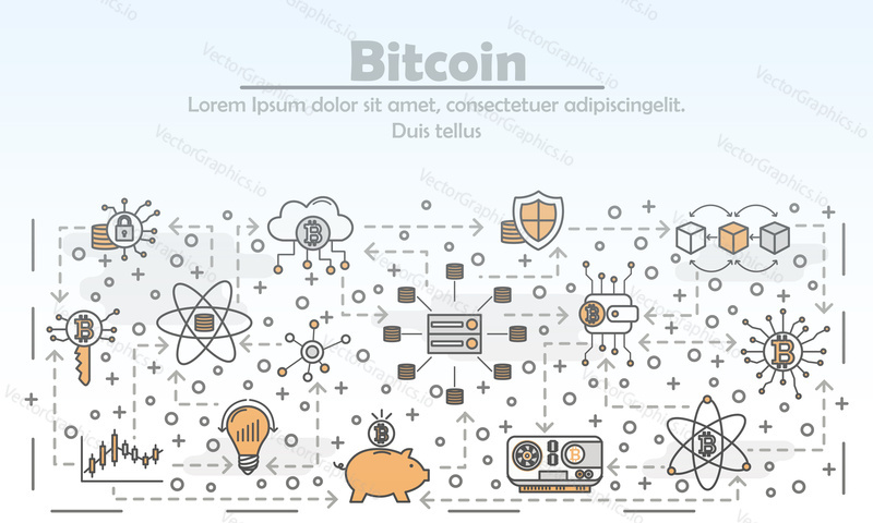 Bitcoin advertising poster banner template. Bitcoin digital currency cryptocurrency mining vector thin line art flat style design elements, icons for website banner and printed materials.