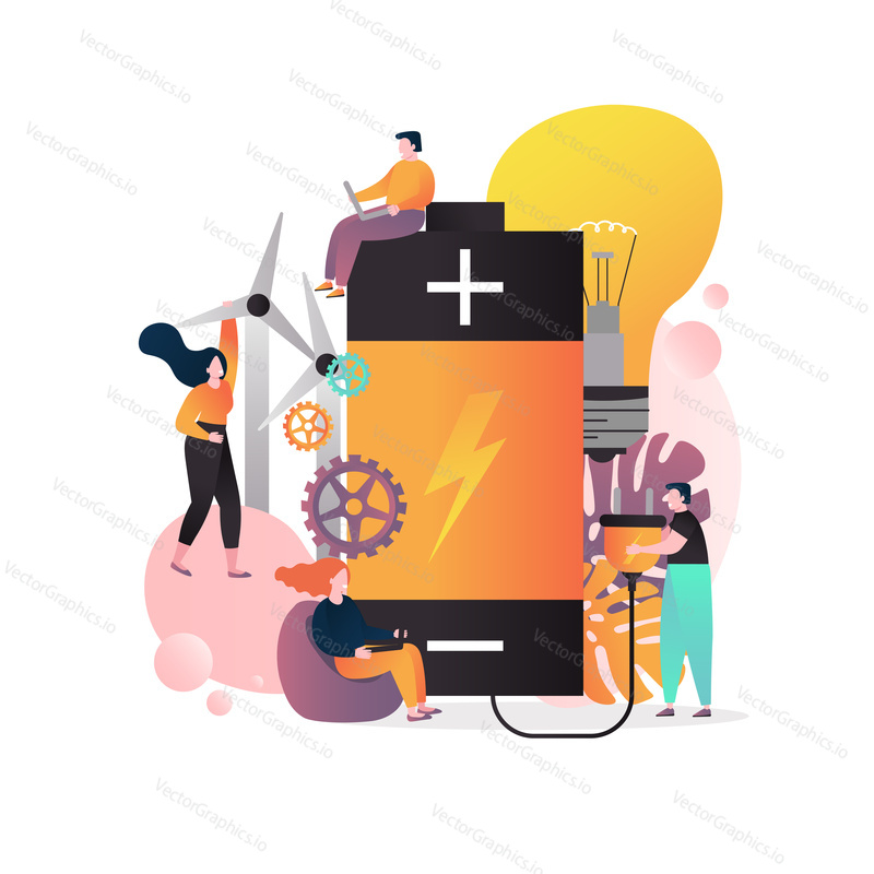 Vector illustration of big battery with plug, windmills, electric lamp and characters. Wind turbine energy battery storage technology concept for web banner, website page etc.