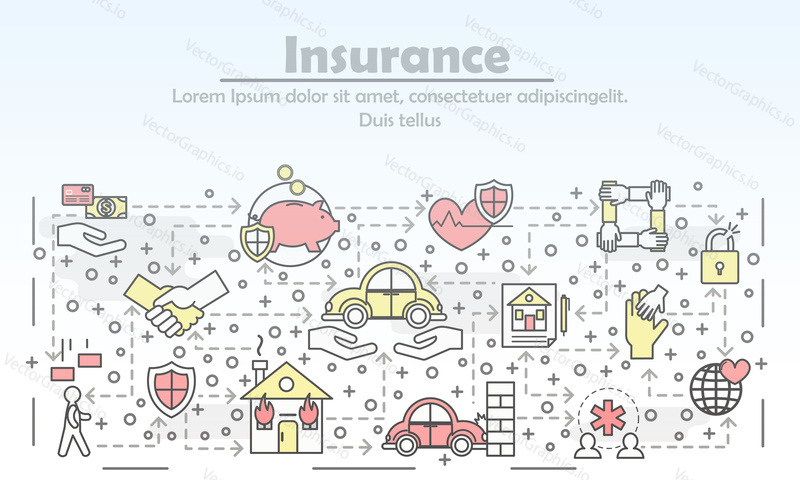 Insurance advertising poster banner template. Life, health, property, deposit insurance symbols. Vector thin line art flat style design elements, icons for web banners and printed materials.