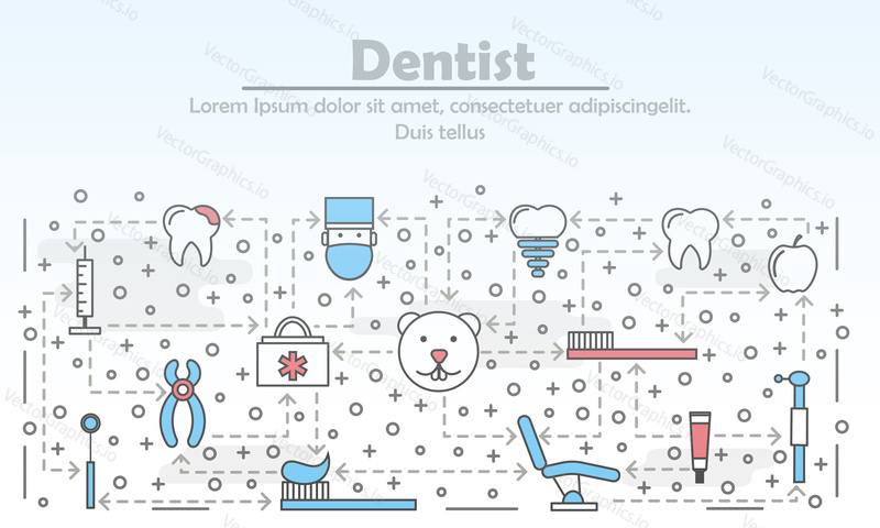 Dentist advertising poster banner template. Tooth, implant, toothpaste, toothbrush, dental equipment. Vector thin line art flat style design elements, icons for website banner, printed materials.
