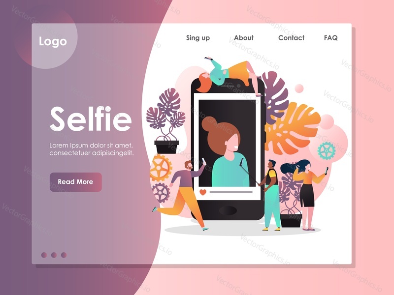 Selfie vector website template, web page and landing page design for website and mobile site development. Selfie phone accessories, photo app concepts.