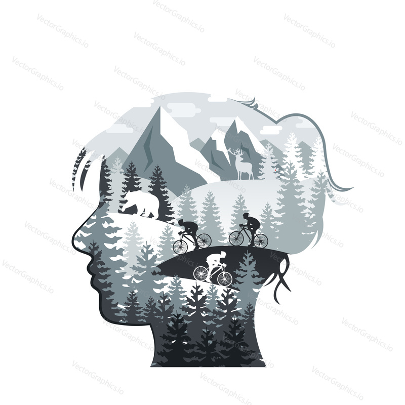 Векторная иллюстрация с многократной экспозицией силуэта головы женщины с лесом, горными скалами, медведем, оленем, горными байкерами. Концепция экологии и охраны природы.