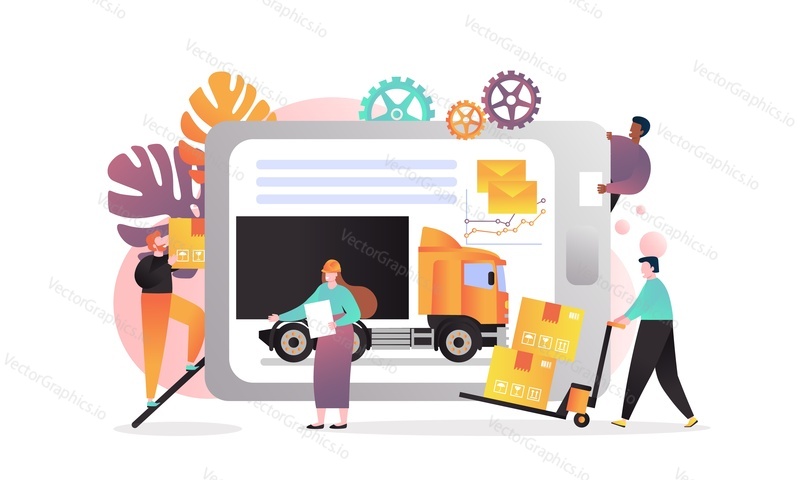 Vector illustration of tablet with delivery truck on screen, loader pushing cart with cardboard boxes etc. Delivery company online service concept for web banner, website page etc.