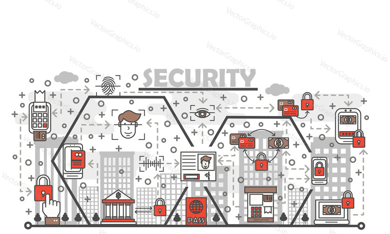 Security poster banner template. Data protection, computer security vector thin line art flat style design elements, icons for website banners and printed materials.