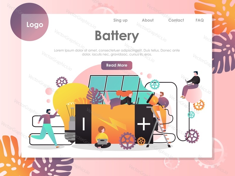 Battery vector website template, web page and landing page design for website and mobile site development. Solar panel battery, renewable green energy storage concept.