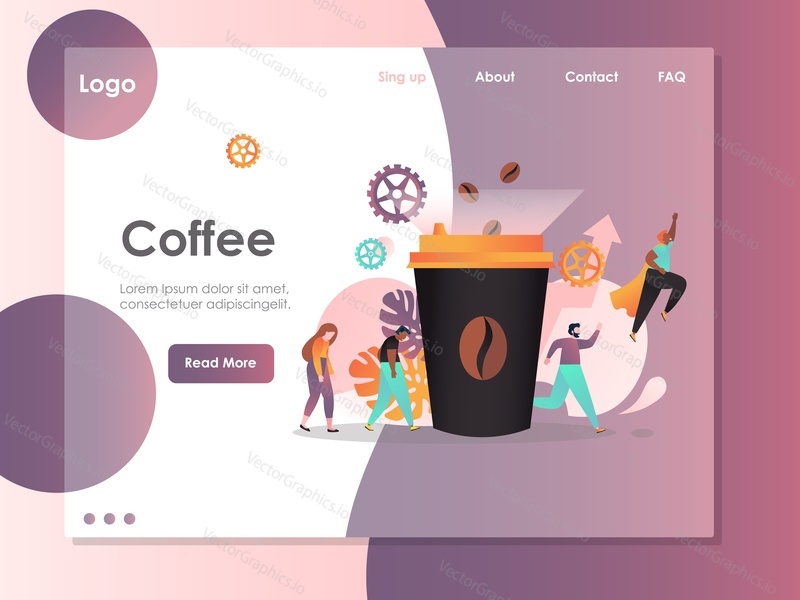 Coffee vector website template, web page and landing page design for website and mobile site development. Coffee break, energy drink health benefits concepts.