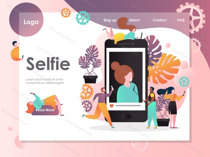 Selfie vector website template, web page and landing page design for website and mobile site development. Self-portrait, social network, selfie phone accessories.