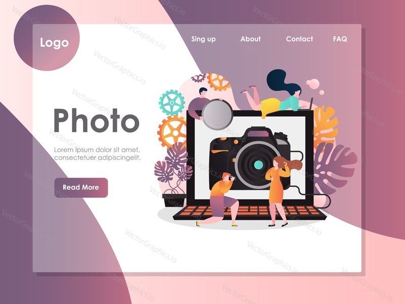 Photo vector website template, web page and landing page design for website and mobile site development. Photographer taking pfoto of model, photo session.