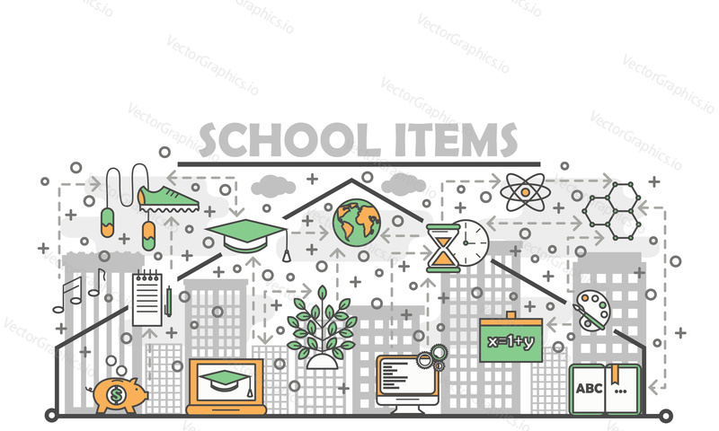 School items poster banner template. Vector thin line art flat style design elements, icons for website banners and printed materials.