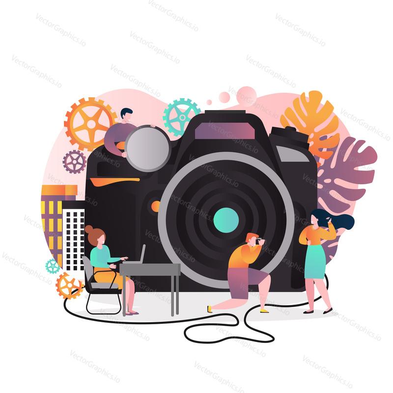Векторная иллюстрация большой фотокамеры и мультяшных персонажей, фотограф фотографирует молодую девушку. Услуги фотостудии, концепция фотосессии для веб-баннера, страницы веб-сайта и т.д.